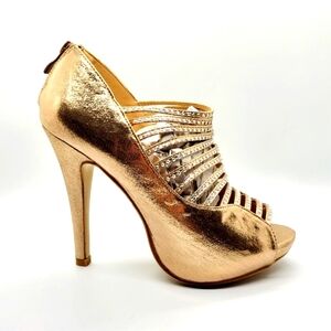 New Champagne Gold Rhinestone Embellished Caged Platform Heel Size 7.5